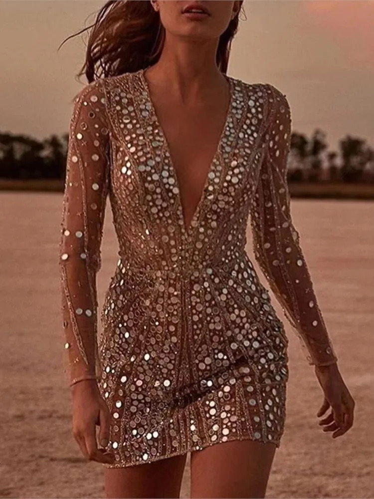 Fashion Sequins Dress For Women Sexy Deep V Neck Long Sleeve High Waist Package Hip Mini Dresses Lady Party Formal Evening 261016