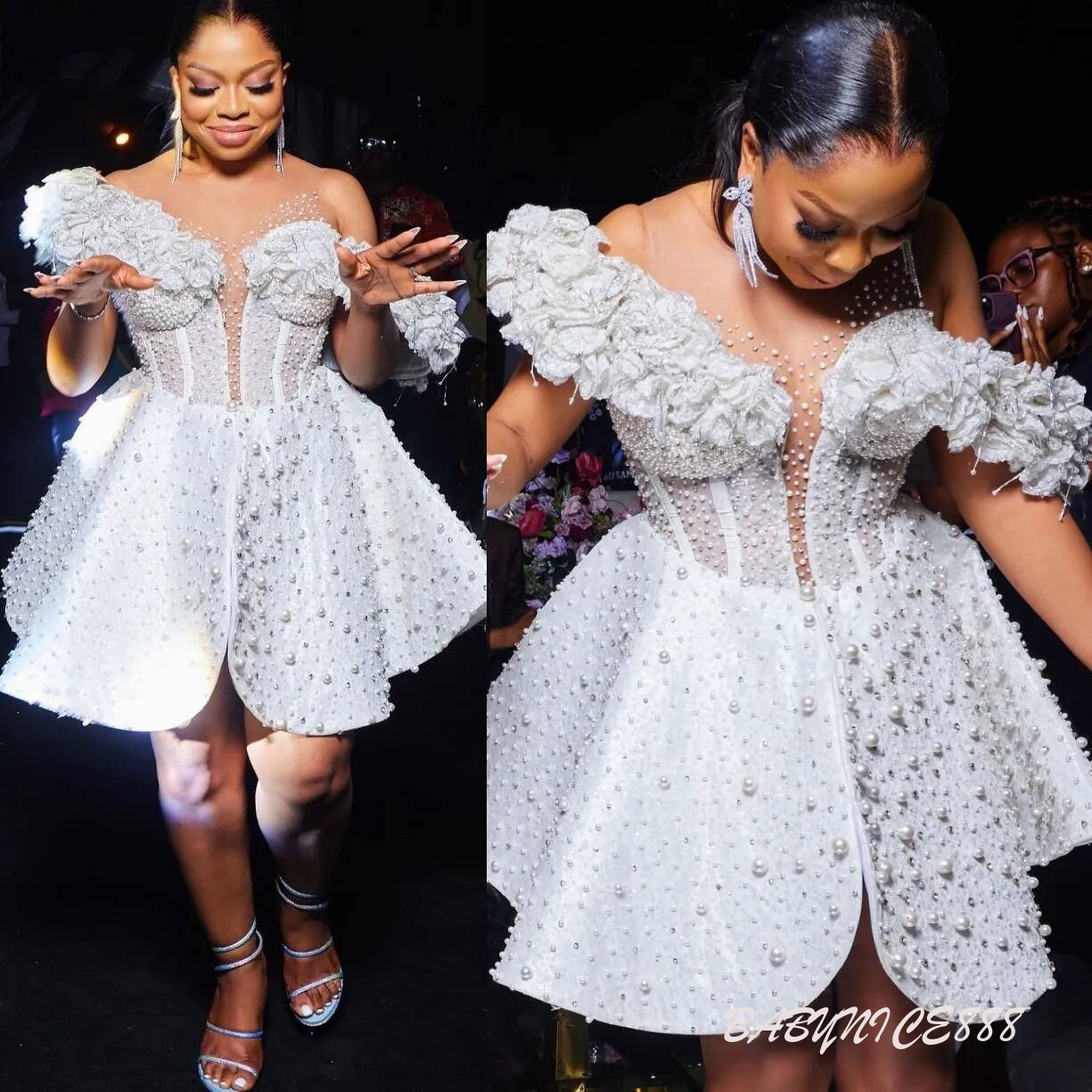 Aso Ebi Plus Size Ivory Mermaid Wedding Dress Sheer Neck Pearls Florals Beaded Short Sequined Bridal Gowns Dresses