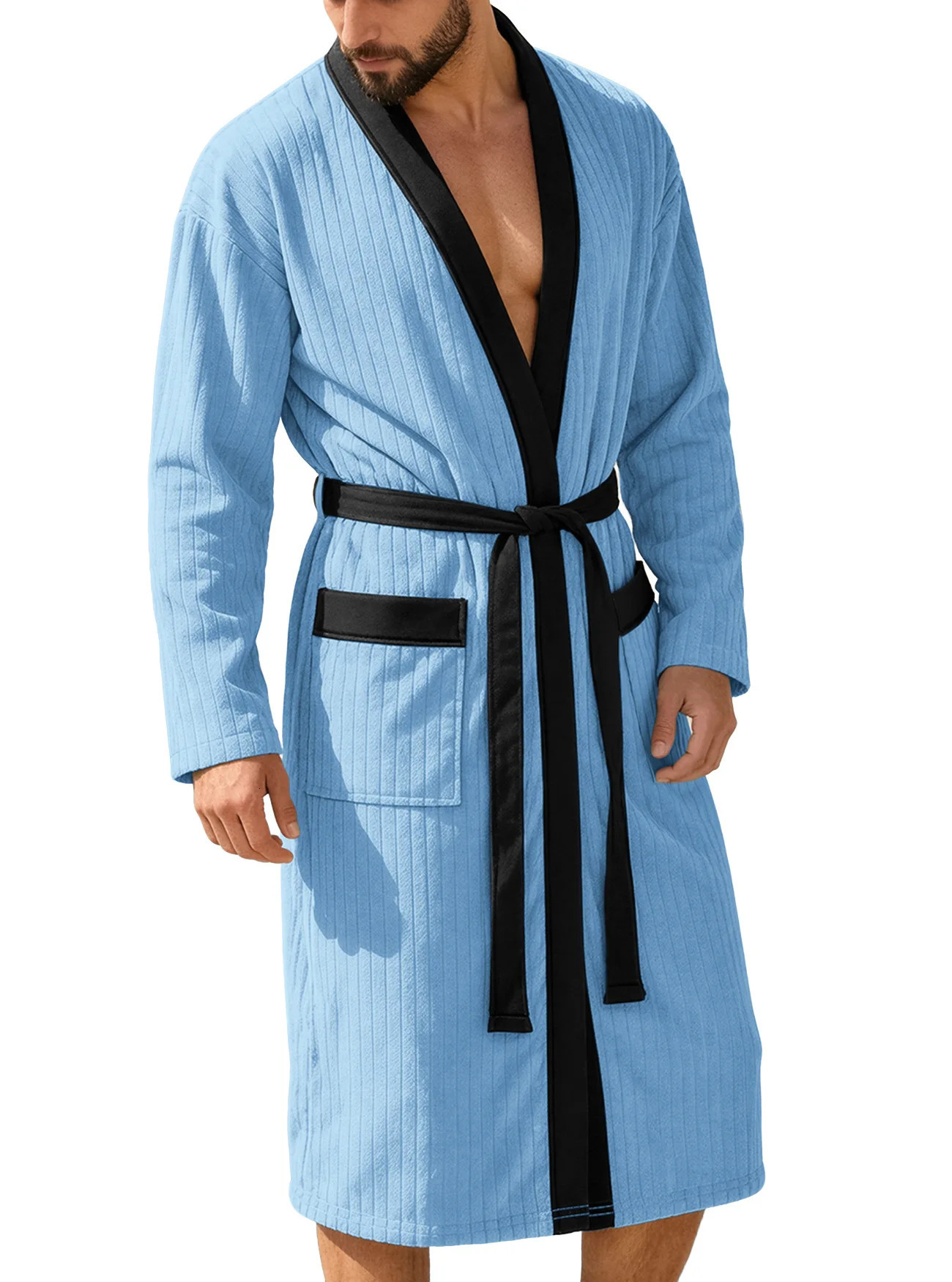 Men Long Jacquard Soft Solid Bathrobe With Belt Plus Size European Style Casual Loungewear Home Vacation Night Robe 261017