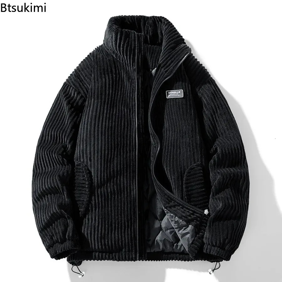 Winter Fashion Casual Parkas for Men Stand Collar Solid Color Outerwear Corduroy Thicken Warm Jacket Cotton-padded Jacket 261015
