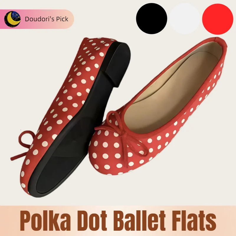 French Retro Style Women's Black White and Red Polka Dot Bow Ballet Flats 261017