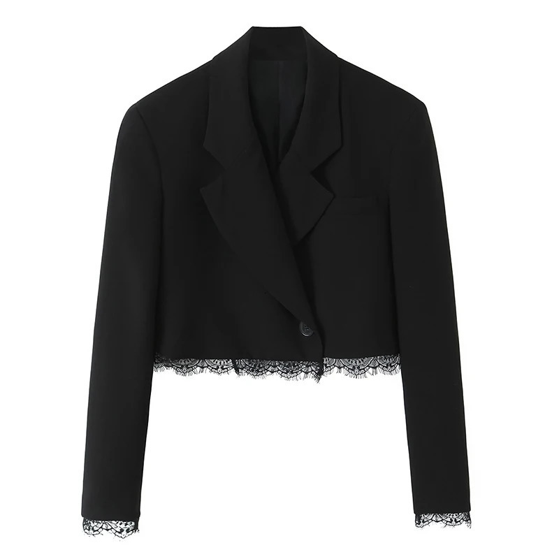YENKYE Women Lace Patchwork Black Crop Blazer Front Double-breasted Long Sleeve Fashion Suit Jacket 261016