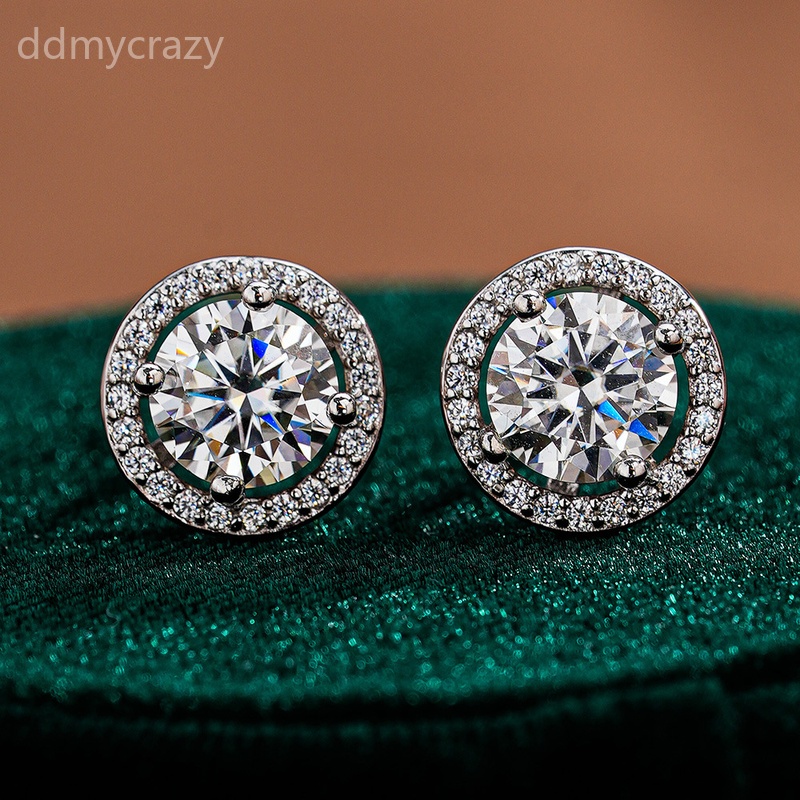 S925 Sterling Silver Stud Earrings Women Round Moissanite Diamond Wedding Gift Elegant Minimalist Jewelry