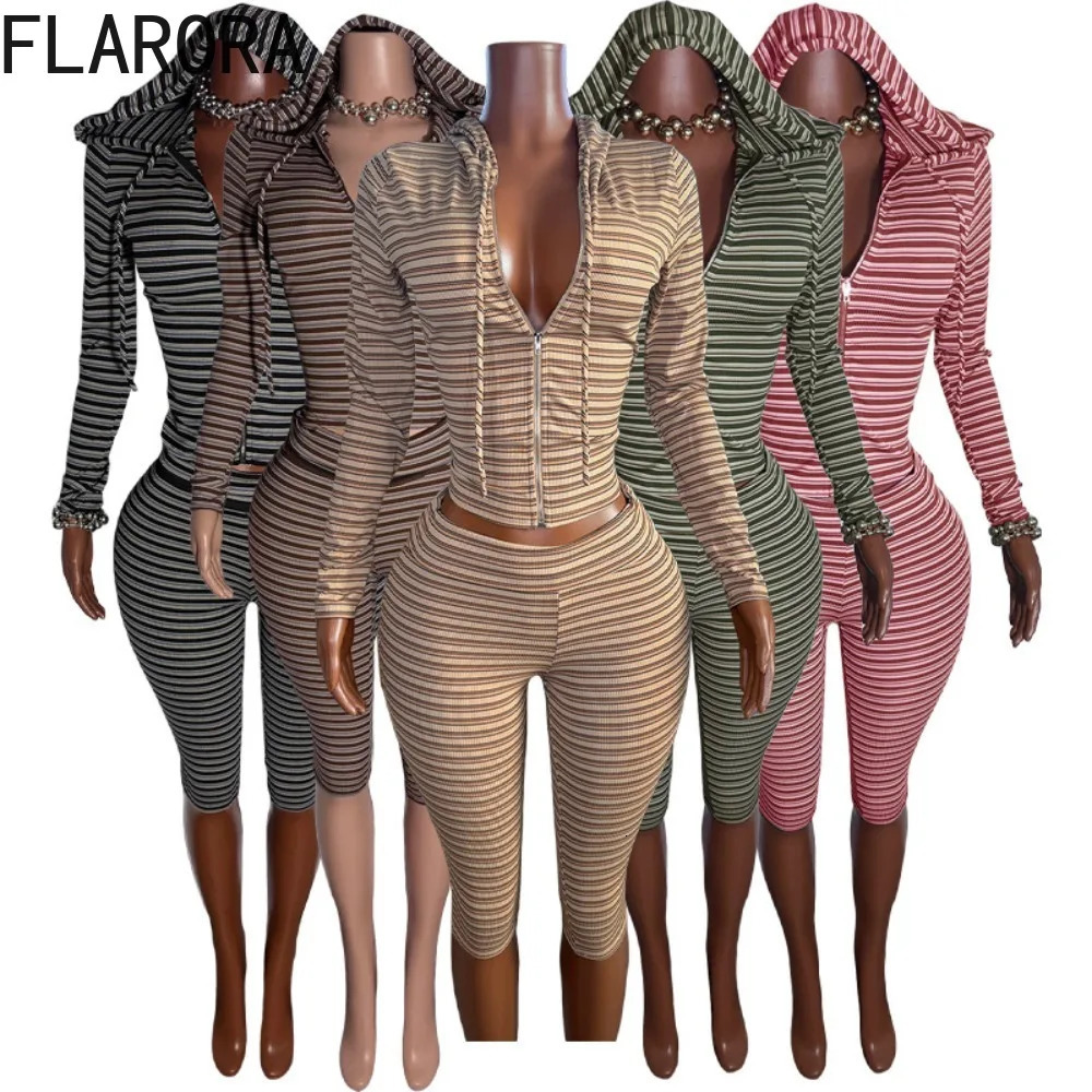 FLARORA Stripe Print 2 Piece Sets Woman Hooded Zip Full Sleeve Slim Crop JacketsSkinny Peach Hip Pants Street Tracksuits 260929
