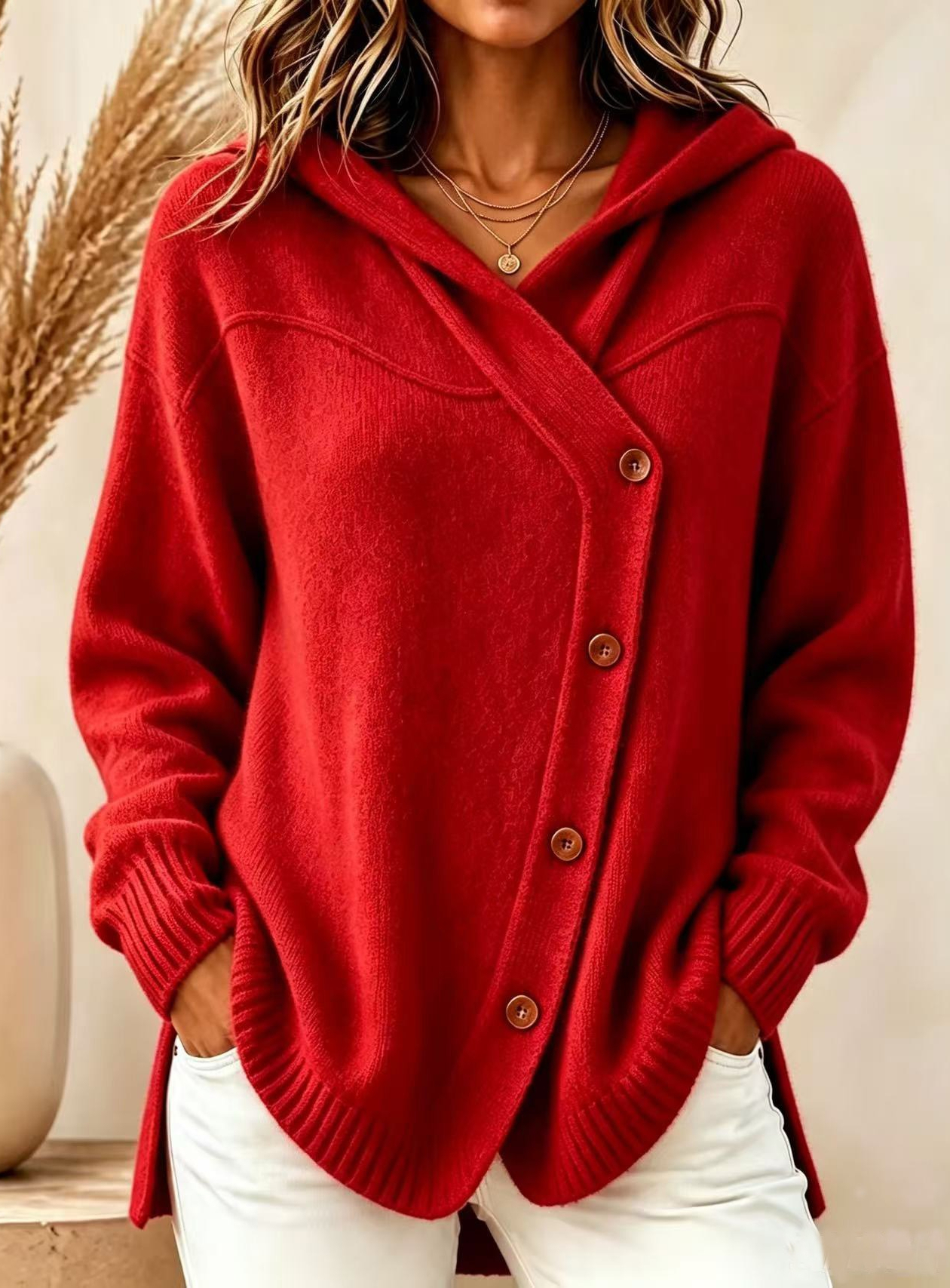 1849 European and American style autumn/winter new women's sweater casual loose button long sleeve hooded cardigan