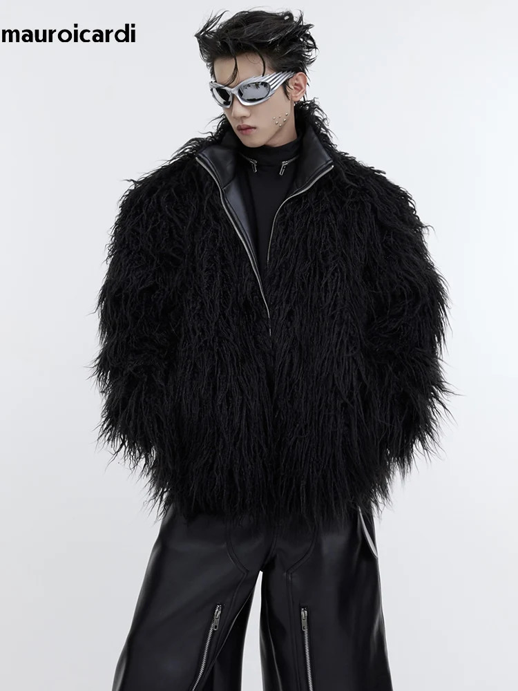 Mauroicardi Winter Short White Thick Warm Shaggy Hairy Soft Faux Mongolian Fur Coat Men High Quality y Fluffy Jacket 2023 261008