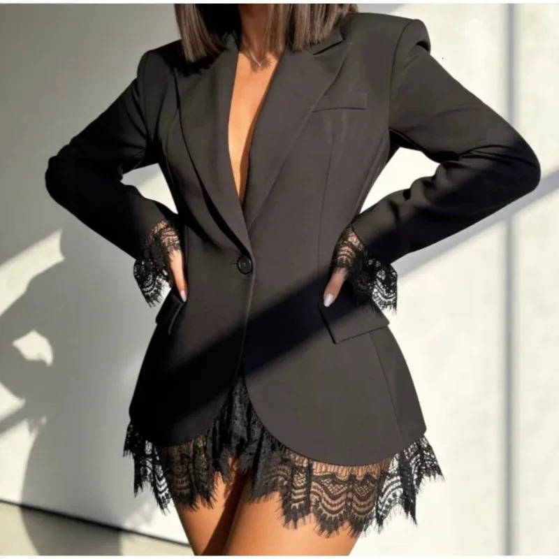 Elegant Fall Women Lace Patchwork Blazer Jacket Notched Lapel Single Button Suit Coat Slim Waist Long Sleeve Workwear Outfit 261016