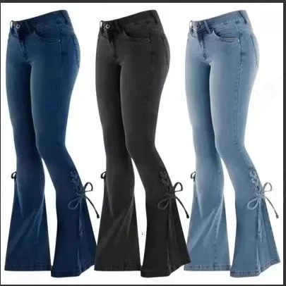 Flare Pants for Women Vintage Jeans Lace Up Stretch Mid Waist Skinny Distressed Washed Streetwear Female Denims Trousers 261015