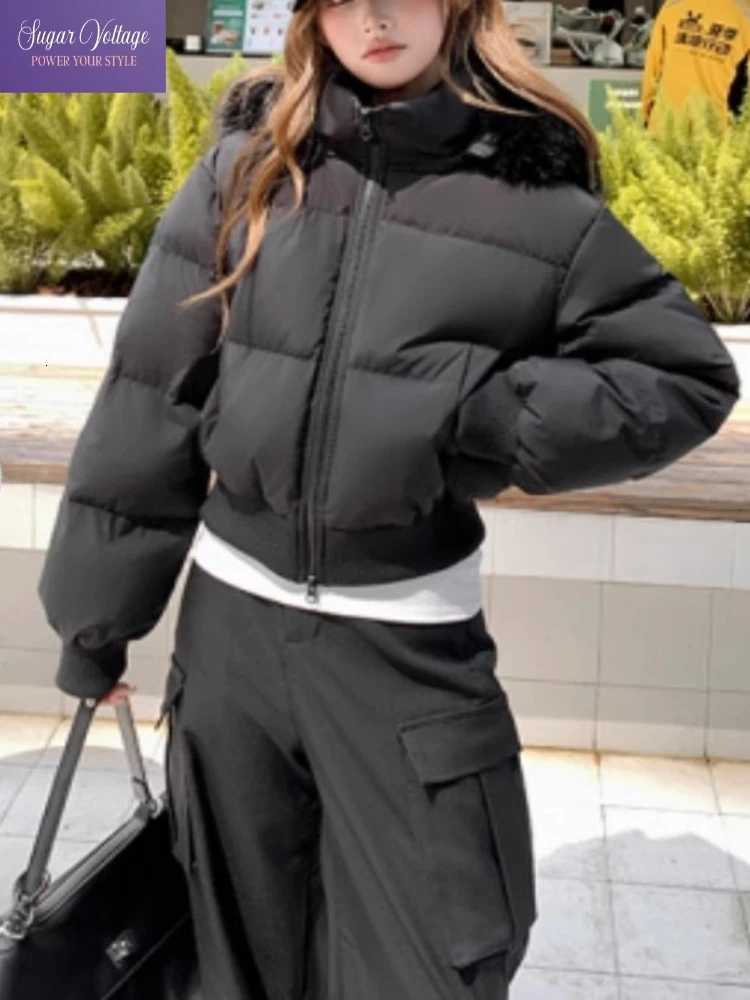 Women's Down Parkas Hooded Puffer Jacket Women Winter Thick Warm Short Coat With Fur Collar Cinched Waist Plush Casual Sweet Streetwear Outerwe