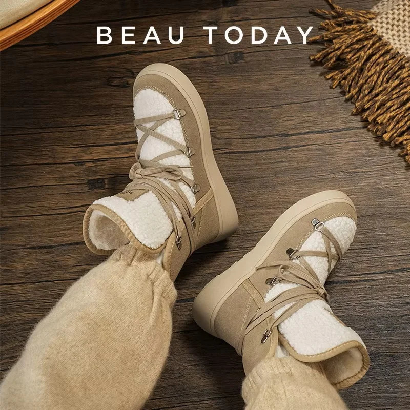 BeauToday Snow Boots Women Flats Lace Up Round Toe Cow Suede Warm Faux Fur Mixed Color Casual Outdoor Winter Ladies Shoes 08036 261017