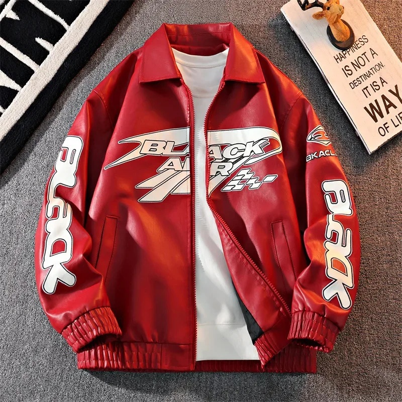 2026 Men's American Racing Style Printed Leather Jacket Fashion Stand Collar Motorcycle Biker Coat Casual Outerwear PU 261013