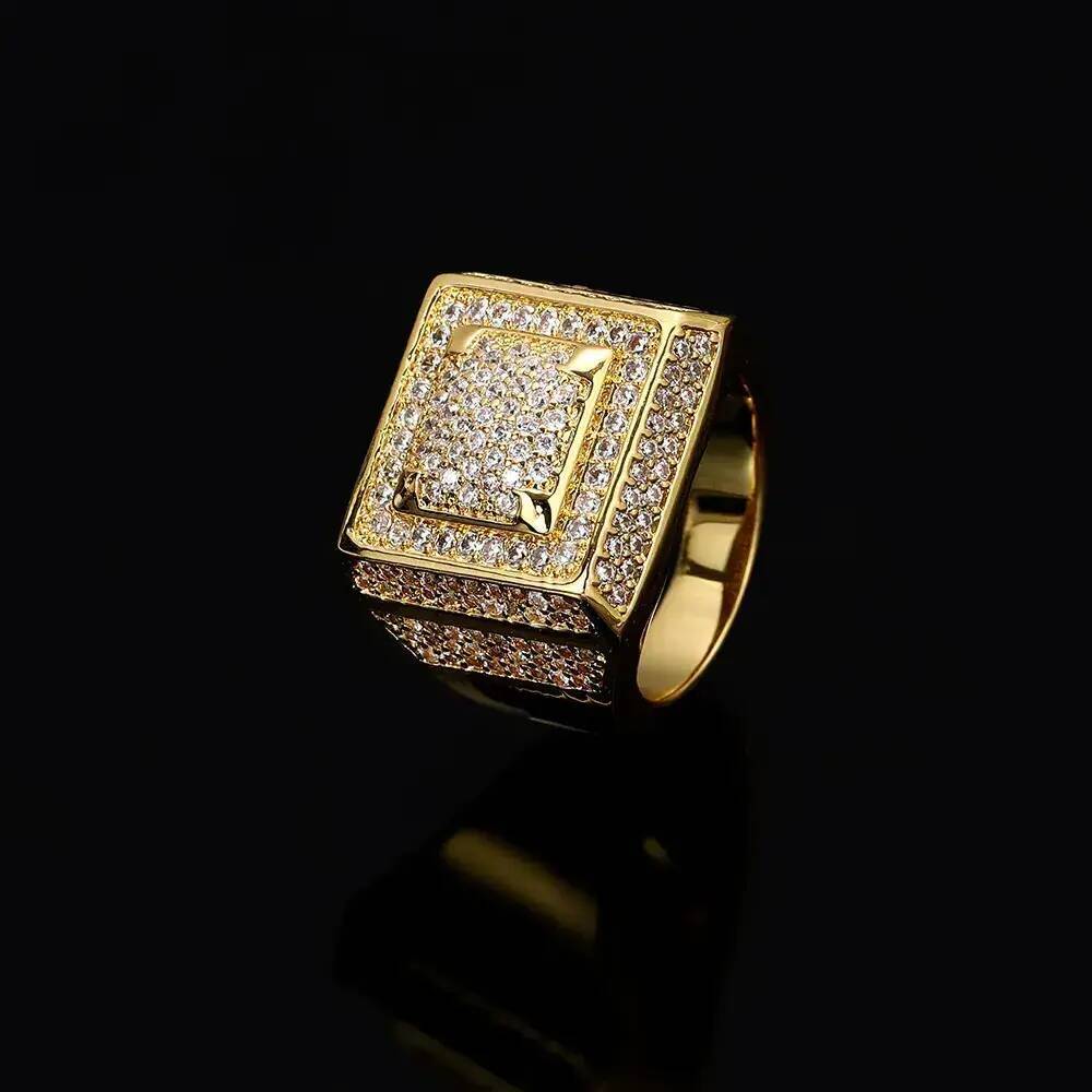 Side Stone Ring Hip Hop Retro Square 5A halo Cubic Zircon 18K Real Gold Plated Finger Ring Mens Rap Jewelry
