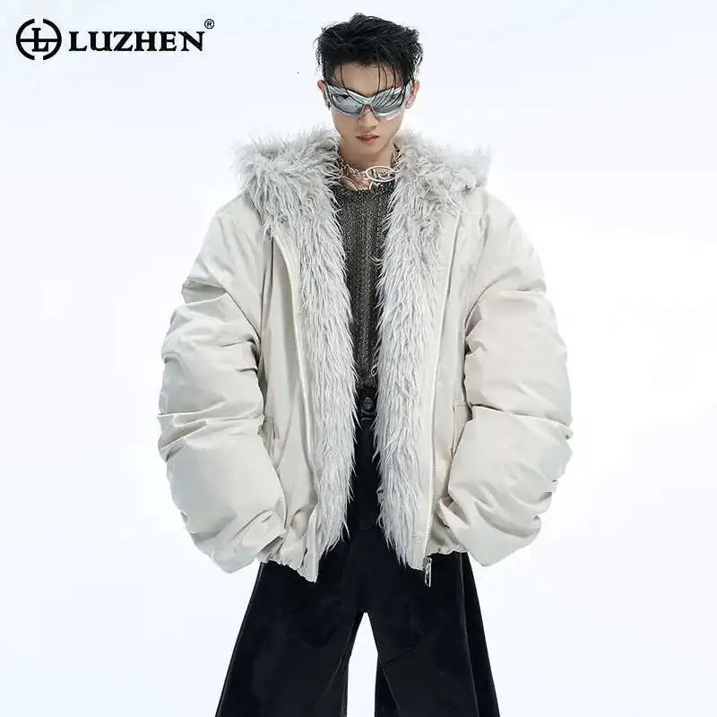 LUZHEN Winter Hooded Cotton Coat Casual Solid Color Faux Fur Patchwork Personalized Warm Short Baseball Jacket Men LZ7041 261015