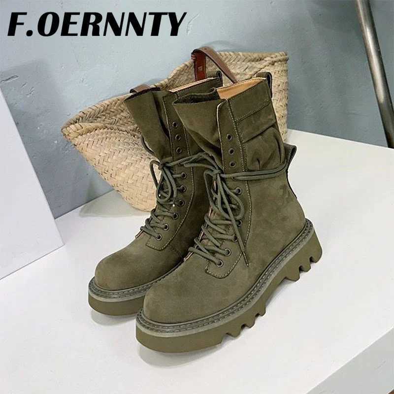 Suede Thick Sole Street Style Ankle Boots Women Round Toe Lace Up Motorcycle Boots Women Casual Ladies Western Cowboy Boots Q261015