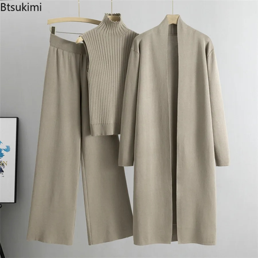Autumn Winter Women Lazy Temperament Knitted Suit Sleeveless Vest Sweater Cardigan Pants Three Piece Set Fashion Casual Suit 261016