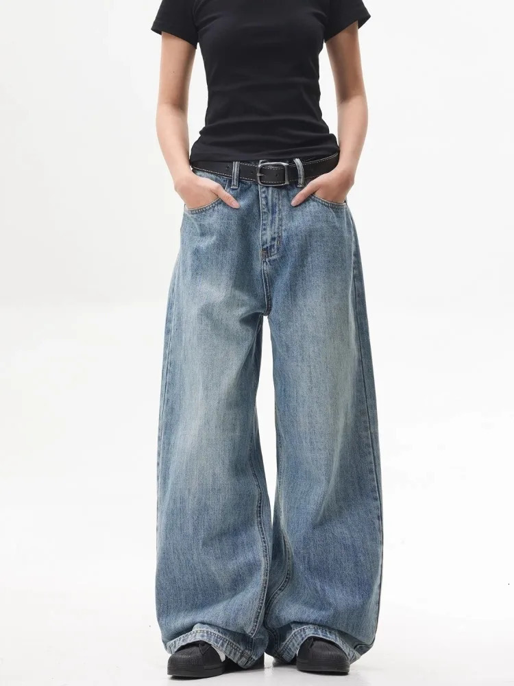 Women's Street Retro Blue Wide Leg Jeans Unisex Sweatpants Summer Cool Girl Casual Bottoms Female High Waist Vintage Trousers 260911