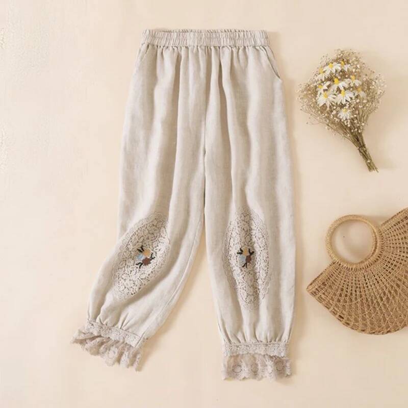 MEXZT Vintage Cotton Linen Women Elastic Lace Flower Embroidered Casual Harem Pants Loose All Match Bloomers Trousers