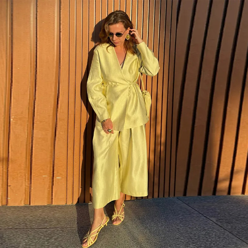 Elegant Wrap Front Solid Color Two Piece Set Women V Neck Long Sleeve Blouse High Waist Wide Leg Pants 2026 Office Casual Outfit 261015
