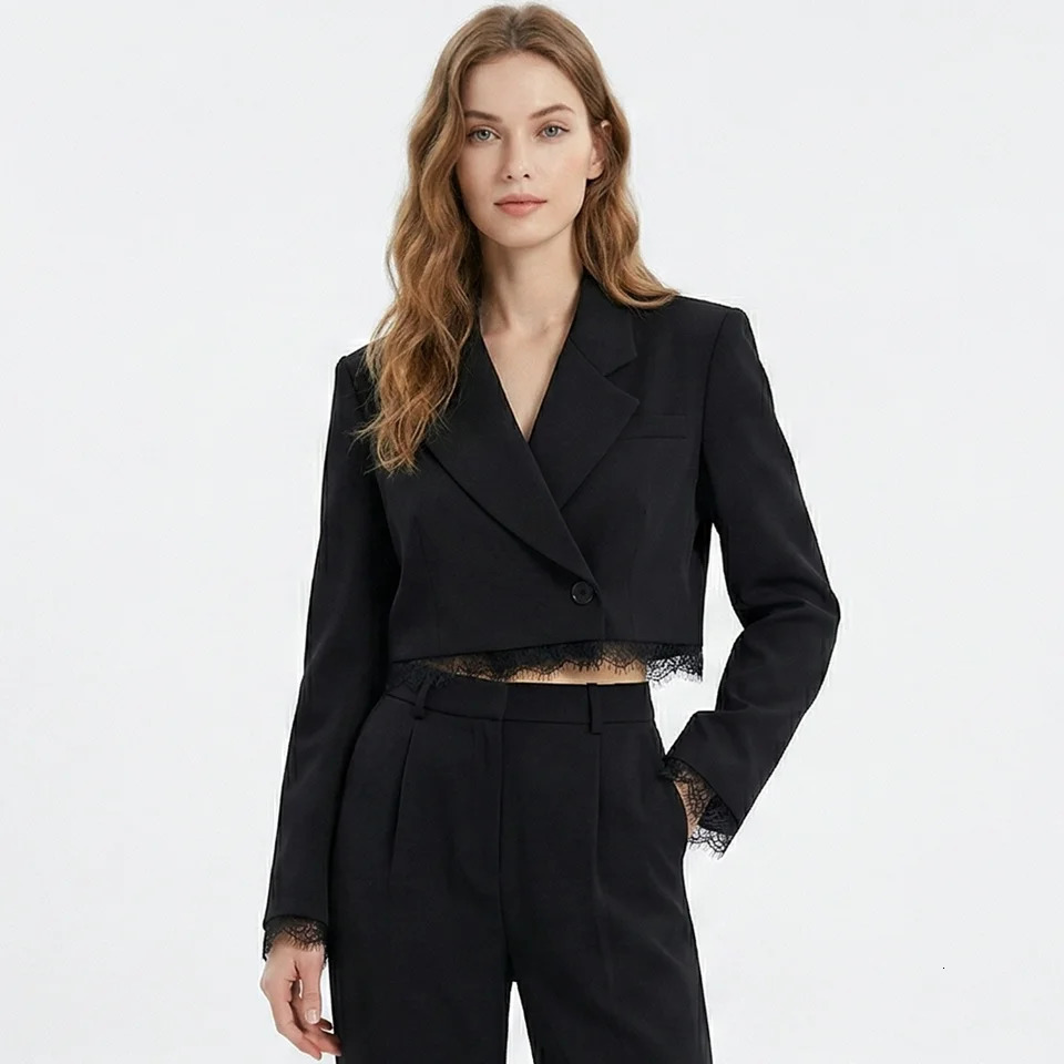 Women's Black Cropped Blazer Lace Trim Long Sleeve One Button Casual Office Blazer Streetwear Outerwear 261016