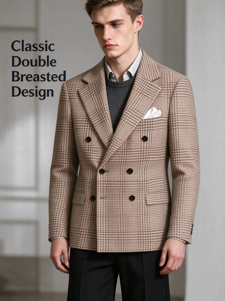 Men's Vintage British Blazer Slim Fit Wool Blend Casual Party Smart Business Formal Wedding Prince of Wales Check Suit Jacket 261014