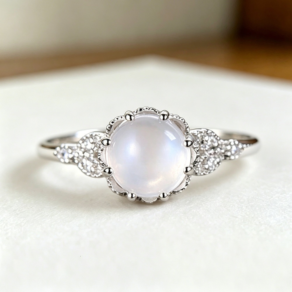 Huitan Light Luxury Petal-Shaped Moonstone-Inspired Ring, Round Cream-Colored Ring With Zirconia Stones, A Versatile Accessory For Summer