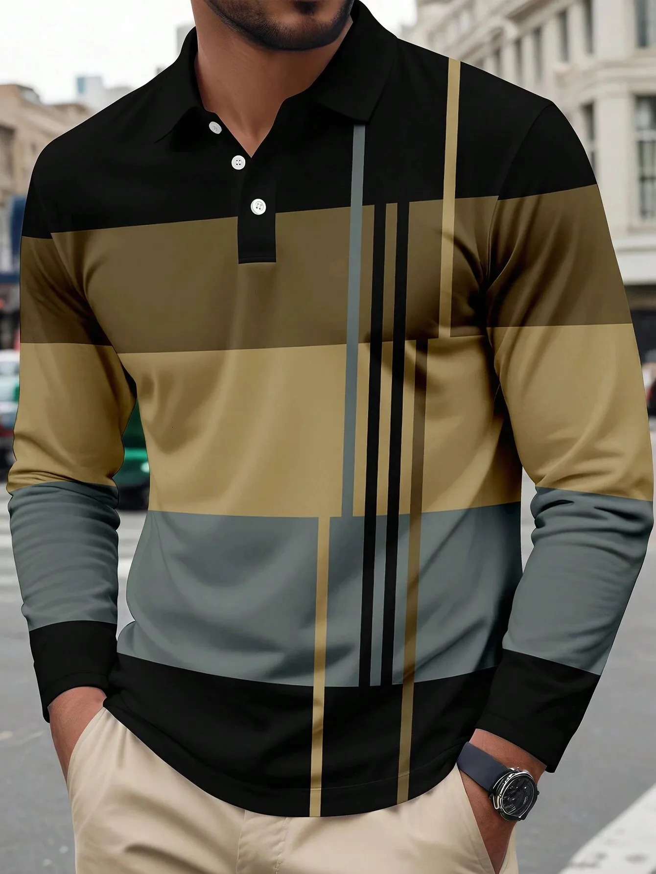 The Mens LongSleeved POLO Shirt for Spring and Autumn Features Street Fashion Comfort 3D Striped Printing 261017