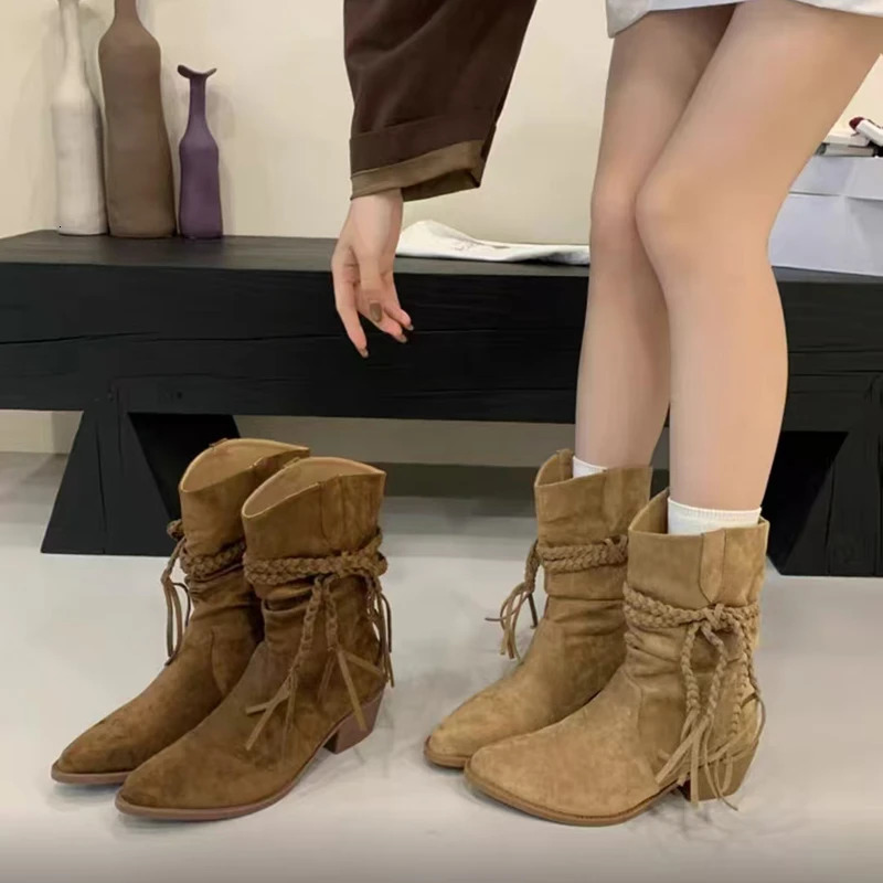 Women Western Cowboy Mid Calf Boots Suede Slouchy Boots Braided Tassel Chunky Heel Pointed Toe Retro Casual Short Boots 261013