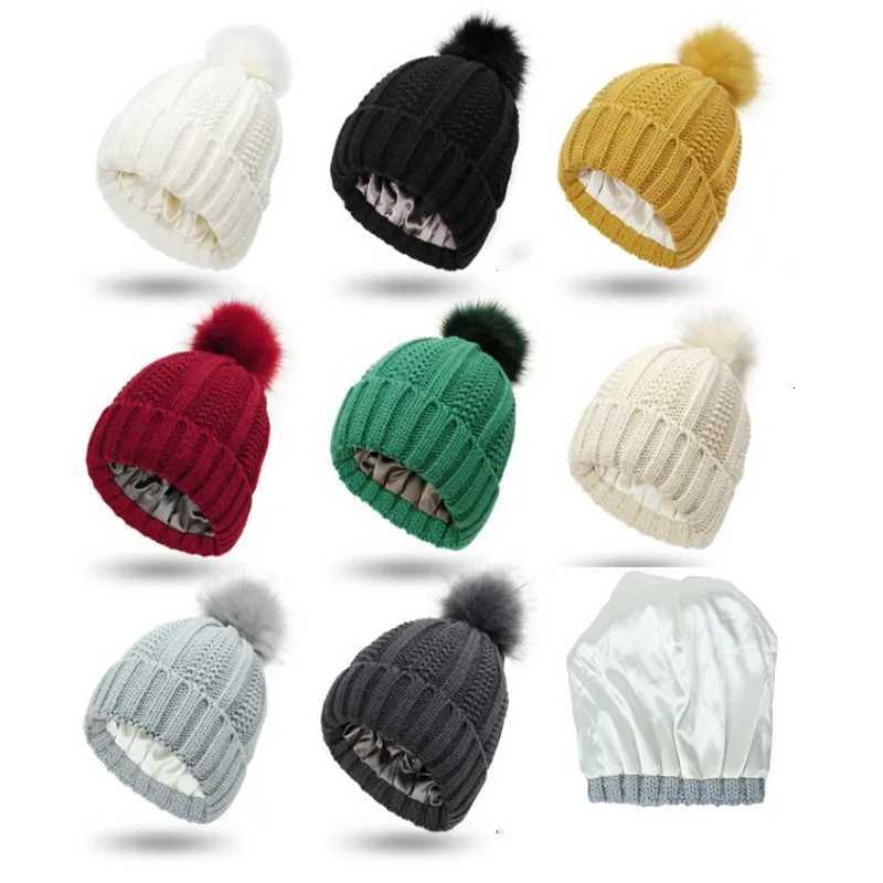 Beanie/Skull Caps Satin Lined Winter Hat For Women Men Beanie Fashion Fur Ball Pompom Knitted Silk Caps For Men Female Wool Crochet Satin BonnetT261