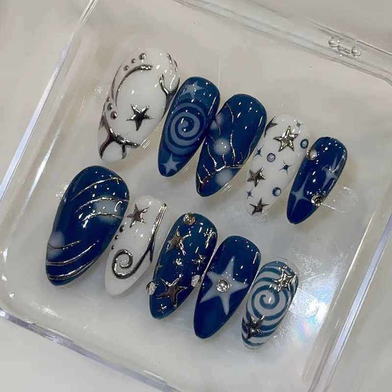False Nails 24Pcs Blue Almond Full Cover Mid-length Fake Nails Wearable Silver Star Stripe Press on Nail Set Reusable Oval Shape False Nail Q261017