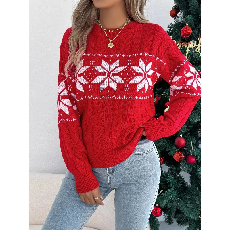 Christmas Woman Sweater Autumn Winter 2026 Casual Contrast Color Snowflake Pattern Knitted Tops Round Neck Long Sleeve Pullover 261014