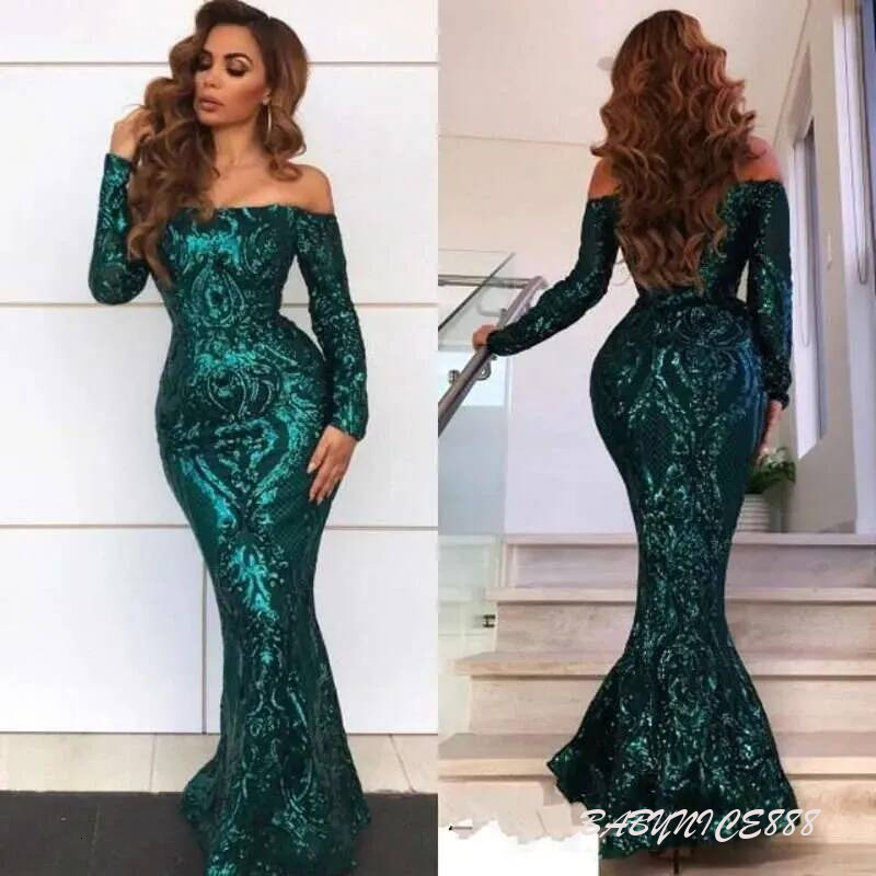 Vintage Arabic Style Emerald Green Mermaid Evening Dresses Sexy Off Shoulders Elegant Long Prom Gowns Lace Sequined Pageant Wears Bc0703