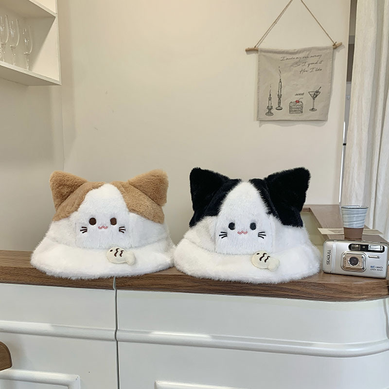 Super Cute Japanese Style Little Cat Fisherman Sweet Bucket Hat Plush Student Winter Thick Korean Version Warm Slimming