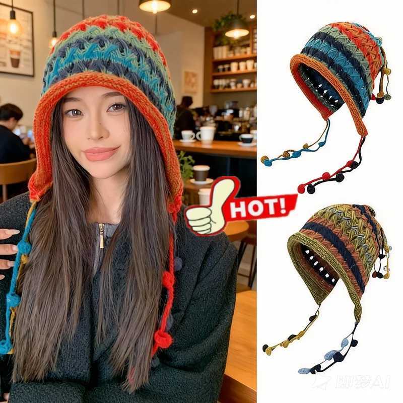 Beanie/Skull Caps Winter Warm new Cute Rainbow Gradient Knitted Hat for Women in Autumn Ear Protection Small Face Display Baotou Hat Q261017