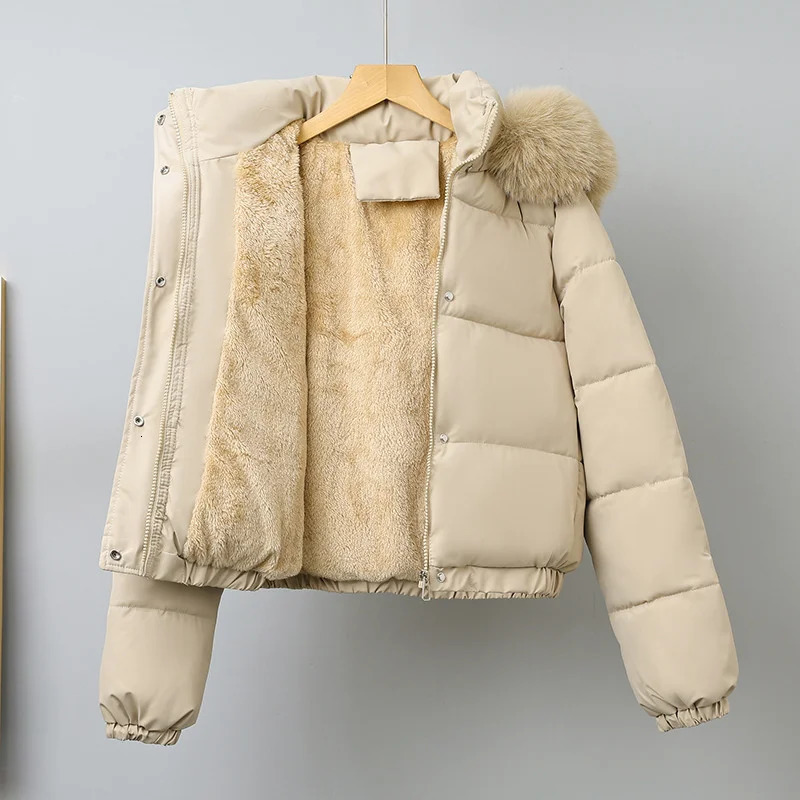 Winter Short Parkas Womens Cottonpadded Clothes Add Velvet Thicken Outerwear Fur Collar Removable Hooded Coats Warm Jackets 261016
