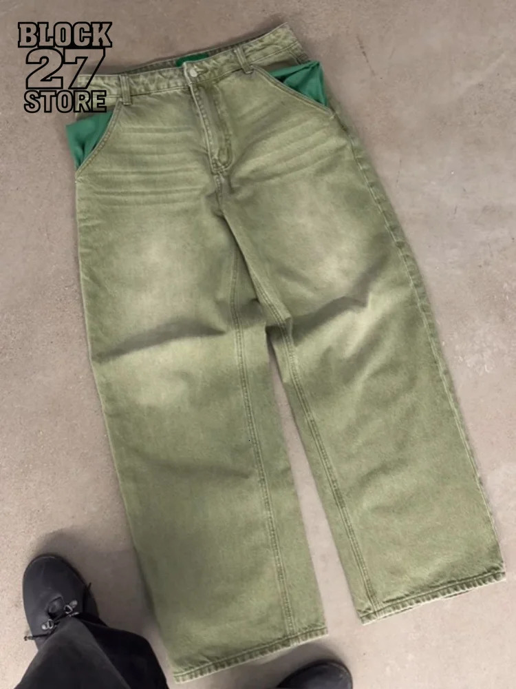 Mens Jeans Matcha Green Baggy Denim Pants Harajuku Unisex Loose Fit Straight Leg Casual Streetwear Fashion Trend Arrival 261016