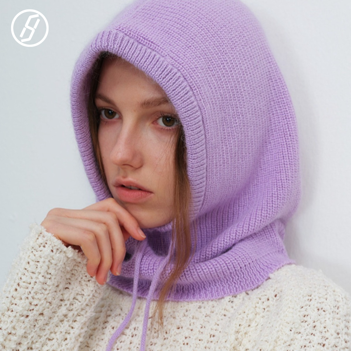 Quiet Luxury Soft Knitted Hooded Collar Neck Warmer Adjustable Drawstring Winter Balaclava Dusty Purple Black Lavender Gift Designer Cap Wholesale