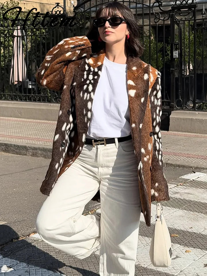 Urban Deer Print Woolen Coat Skirt Women Set Chic Lapel Button Full Sleeve Blazer Mid Skirts 2026 Autumn Winter Lady Suit 261016