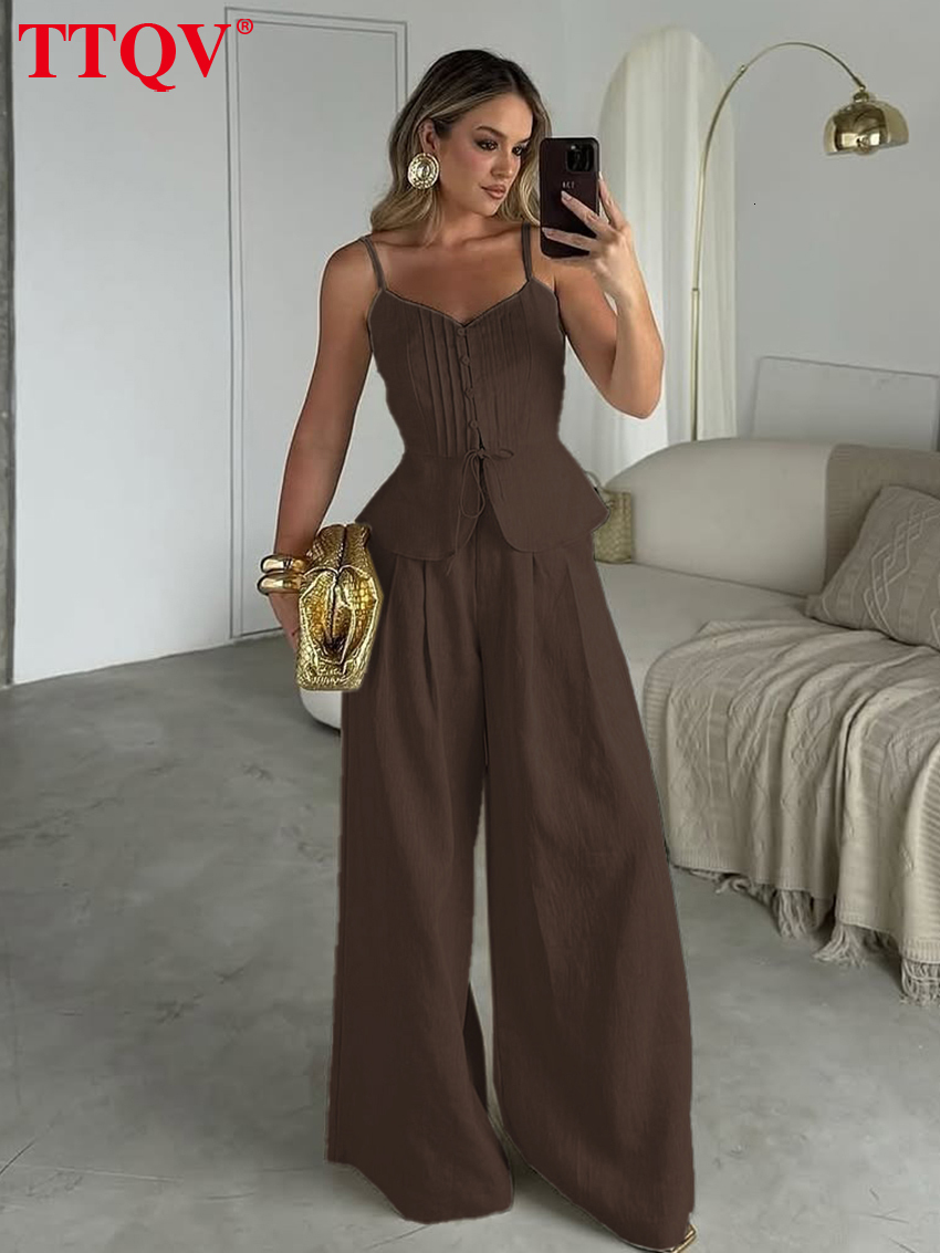 2026 Sexy Loose Brown 2 Piece Women Summer Sleeveless Tank Top With High Waist Wide Pants Set Female Clothing Streetwear