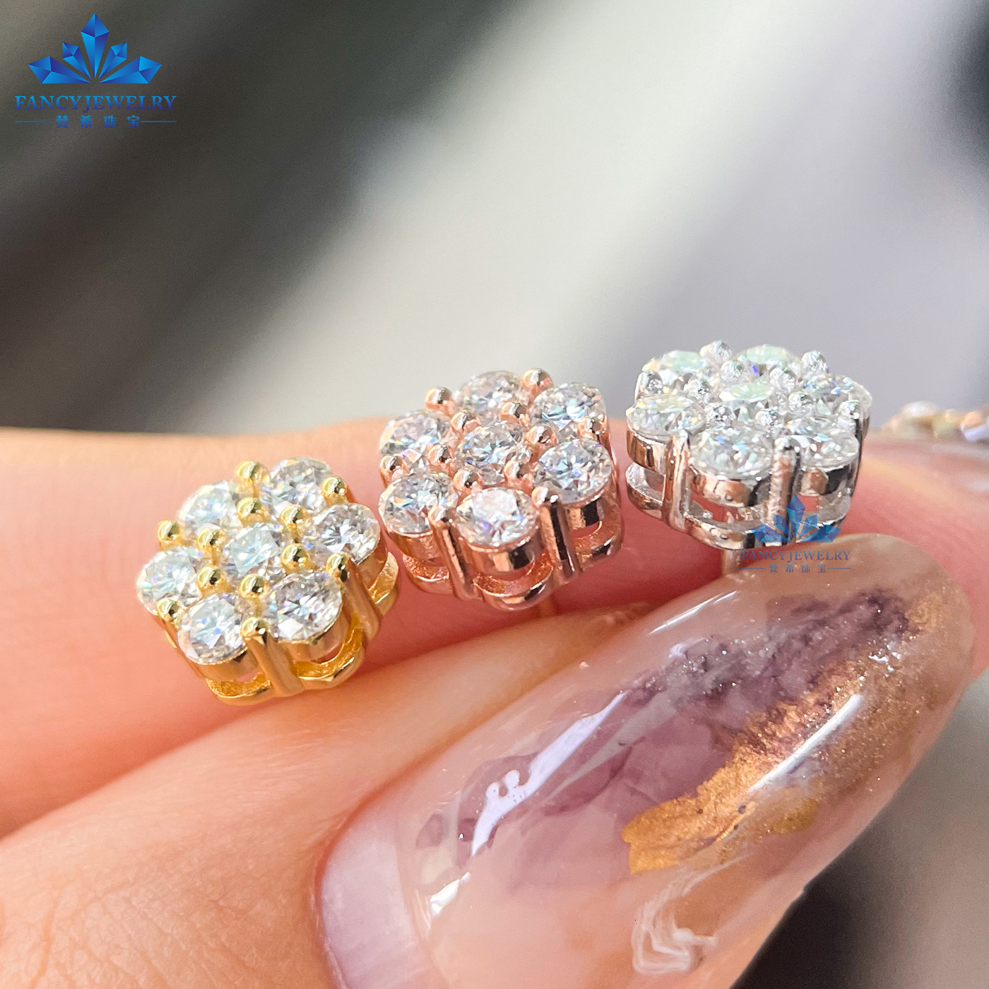 2027Bulk Wholesale Multi Size Cluster Moissanite Flower Stud Earrings 925 Sterling Silver
