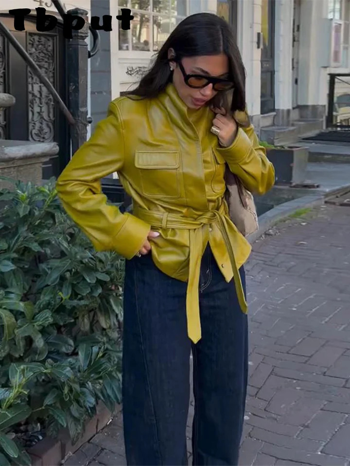 Elegant LaceUp Womens Pu Leather Jacket Pocket Slim Stand Collar Zippers Lady Coats 2026 Autumn Winter Female Street Tops 261016