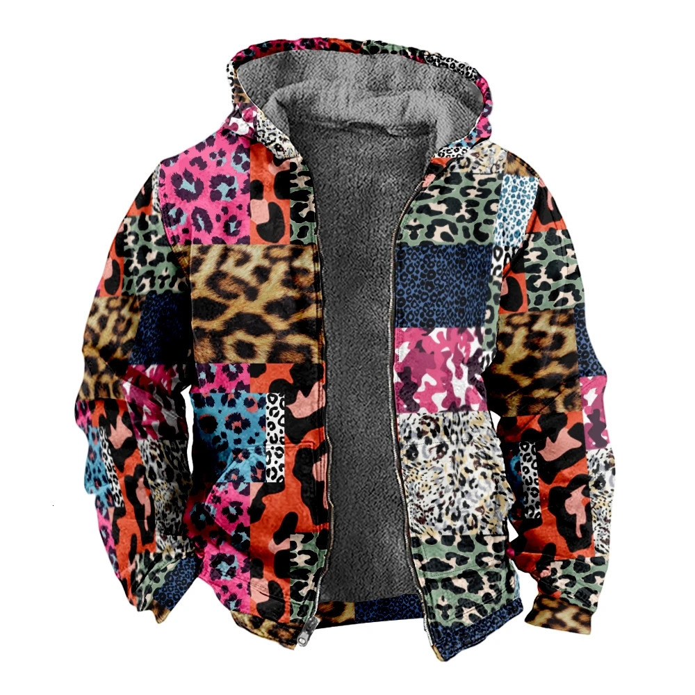 Autumn Winter Fleece Zip Up Hoodies Original Leopard Patchwork Digital Print Men Parka Coat Jackets Outerwear Sweatshirts Street 261015