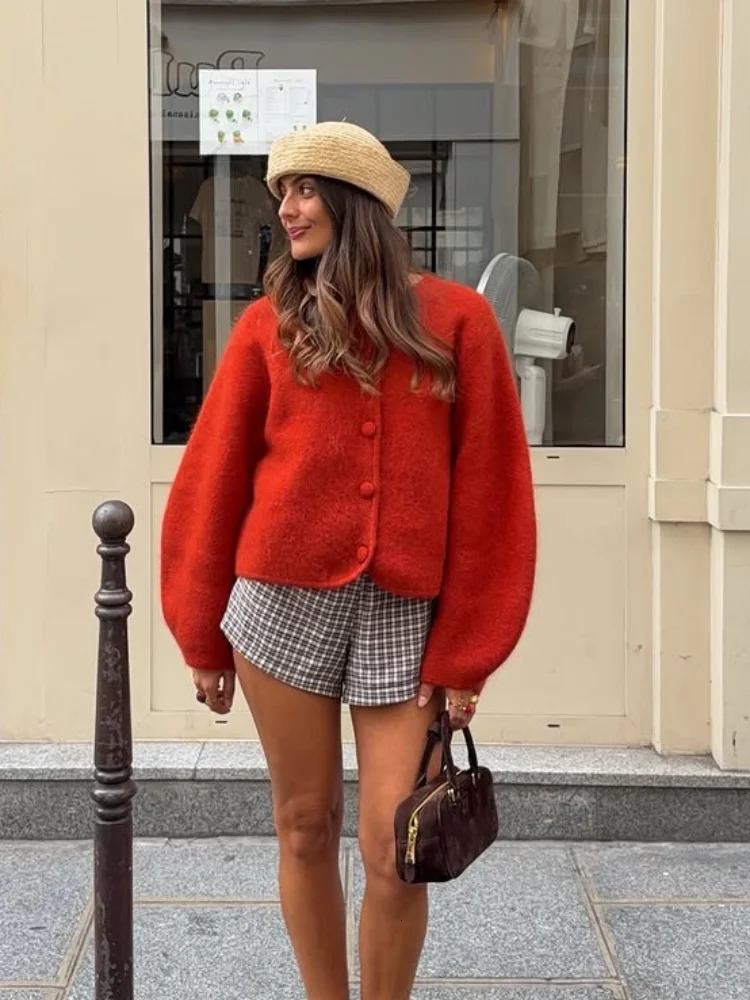 Burnt Orange Single Breasted Cropped Knit Cardigan Women Crew Collar Lantern Long Sleeve Coat 2026 High Street 261016