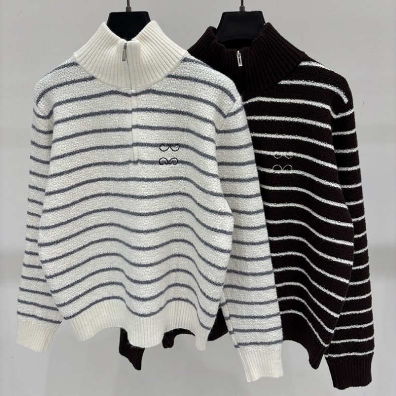 Women Vintage Striped Pullover Designer Turtleneck Zipper Loose Fleece Commute Jumper Winter Couple Casual Slouchy Jumper