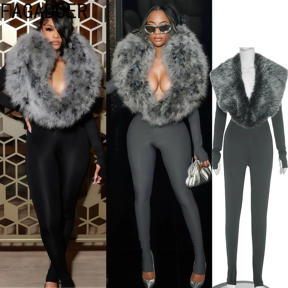 FAGADOER Sexy Fur Patchwork Jumpsuits Women Solid Color Deep V-neck Long Sleeve One Piece Rompers Female Party Clubwear Overalls 261016