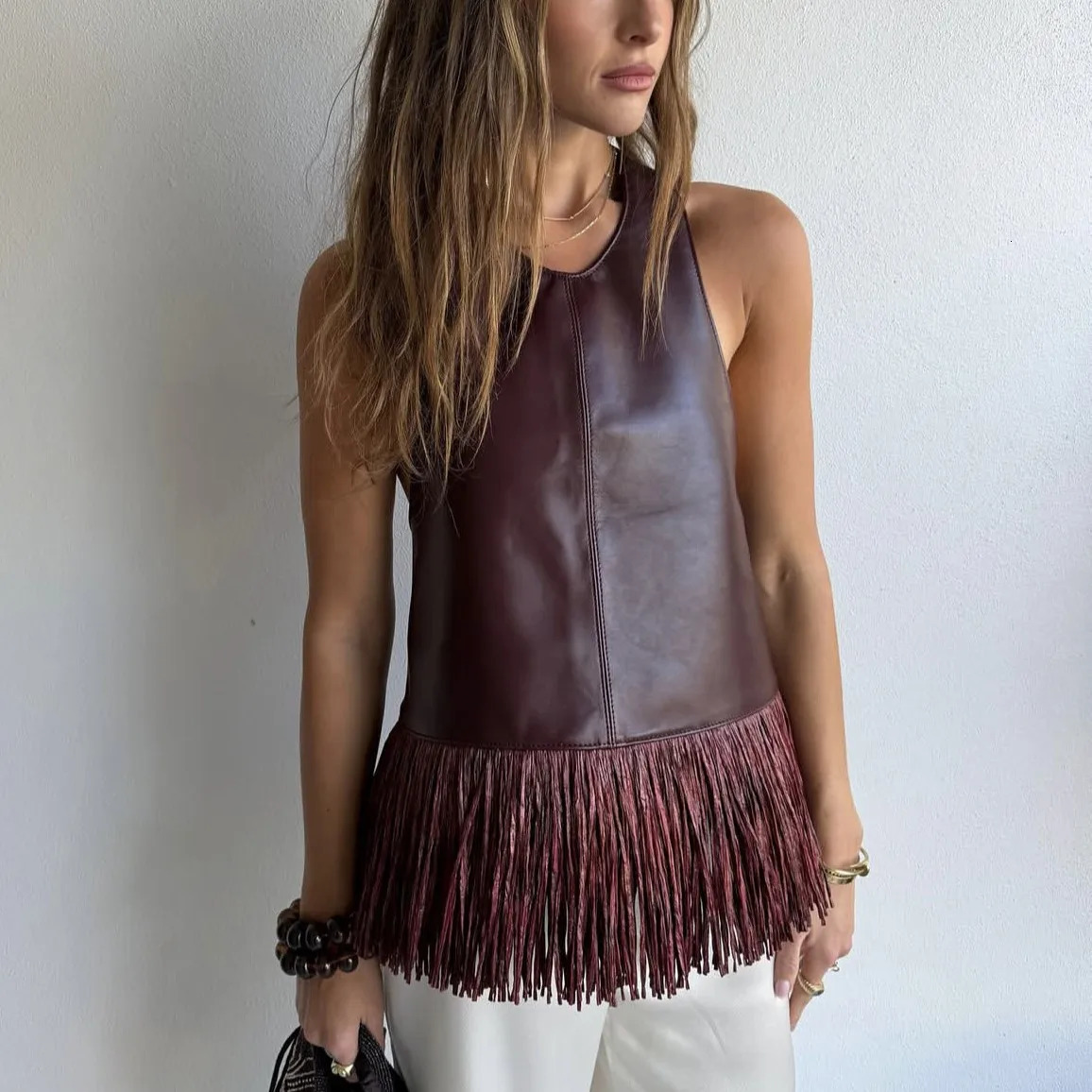 Women Vintage PU Leather Tassel Tops Y2K Fashion Sleeveless Backless Vest 2026 Summer Female Solid Camisole for Casual Party 261017