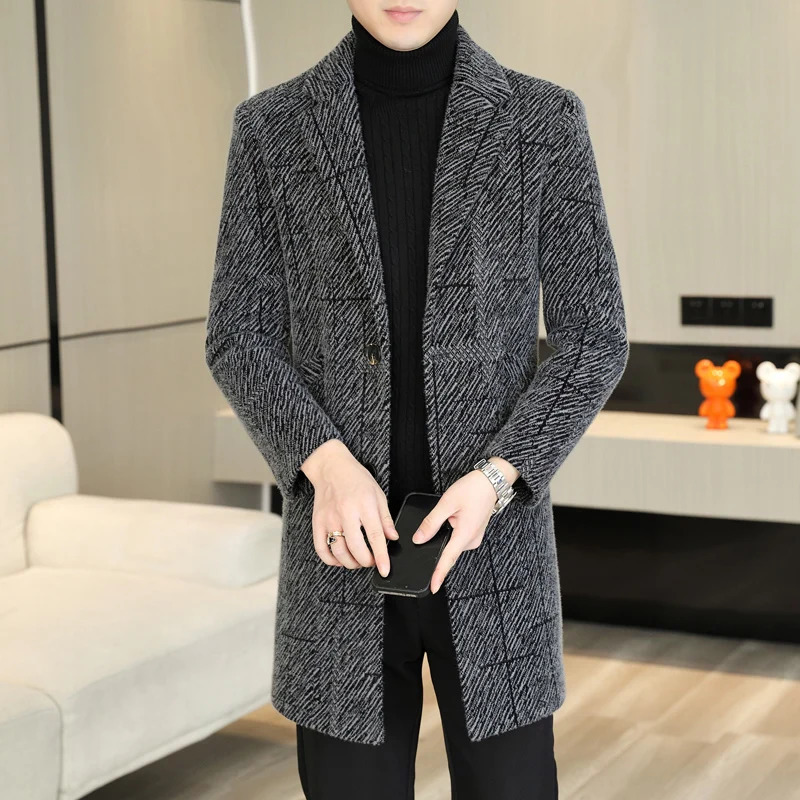 Casual Mens Striped Woolen Coats 2026 Winter Business Thicken Warm MidLength Top Overcoat Clothing Outwear Windbreaker Jacket 261017