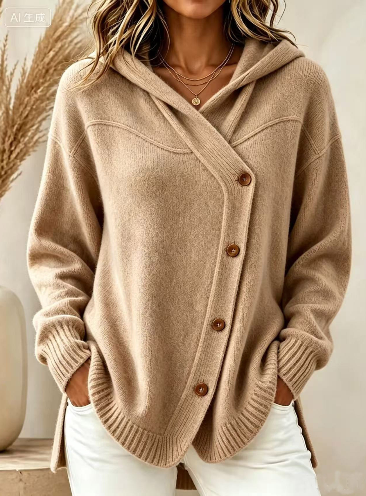 1845 European and American style autumn/winter new women's sweater casual loose button long sleeve hooded cardigan