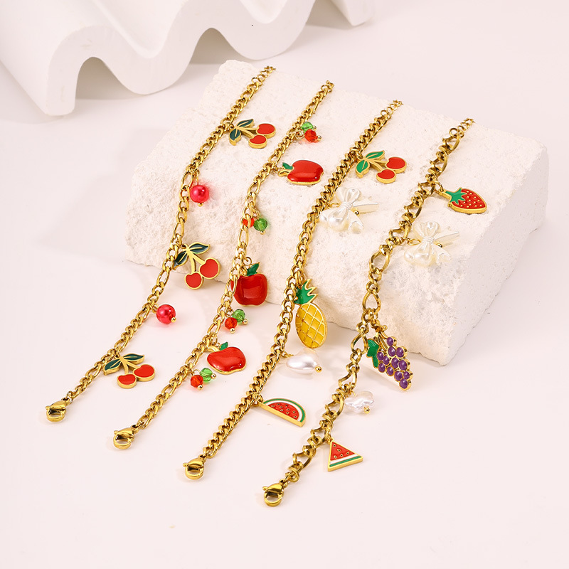 Multi-Element Fruit Gold Bracelet, High-End, Light Luxury, Niche Design, Featuring Cherry, Pineapple, And Avocado Motifs, Made Of Titanium Steel