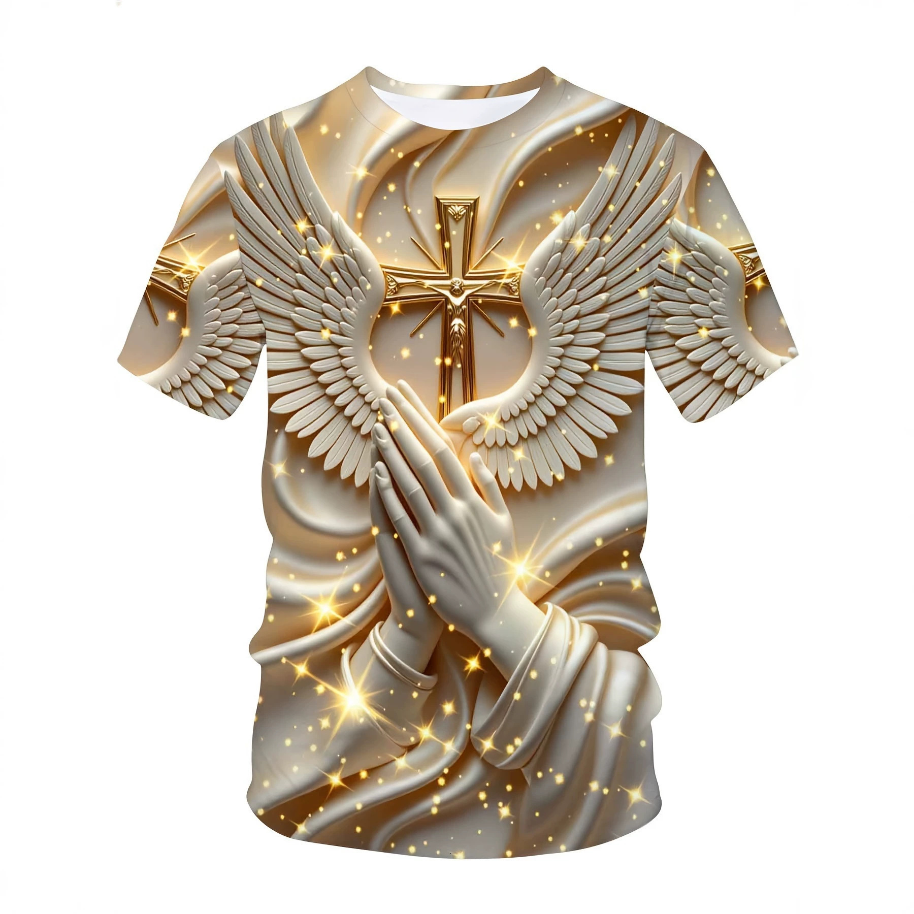 2026 New Round Neck T-Shirt With Divine Buddha And Heavenly God Wings Pattern Print Men's Top Free Shipping