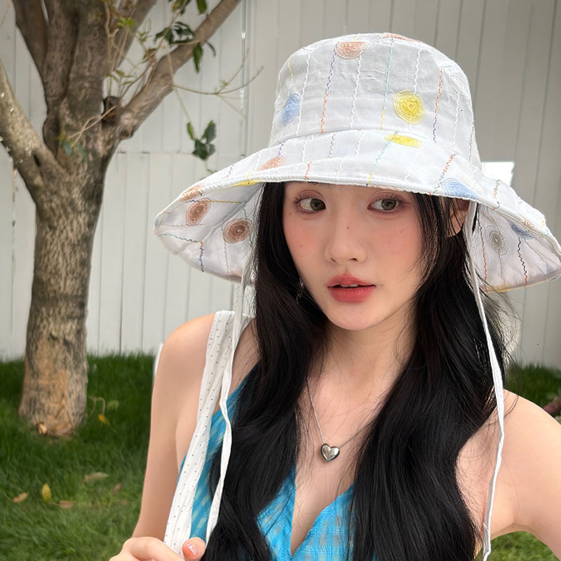 Sweet Little Flower Tie White Fisherman for Women Summer Wide Brim Breathable Foldable Sun Protection Hat Sunshade Bucket Hat